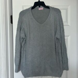 fuzzy blue-gray sweater